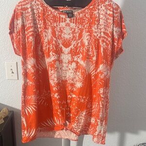 DKNY Women's Vibrant Orange and White Short Sleeve Tee